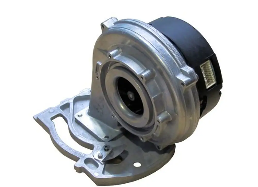 Bosch Gebläse mit metallischer Bauweise und schlichter Form, ausgestattet mit einem elektrischen Antrieb und Anschlussmöglichkeiten an weitere Komponenten.